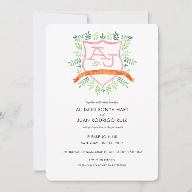 Invitación a la boda acuarela con monograma Escudo (Anverso)