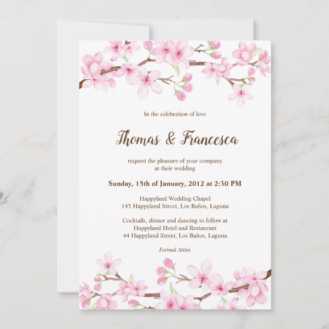 Invitación a la boda acuarela de flores de cerezo (Anverso)