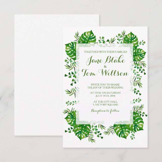 Invitación a la boda acuarela de hojas tropicales (Anverso / Reverso)