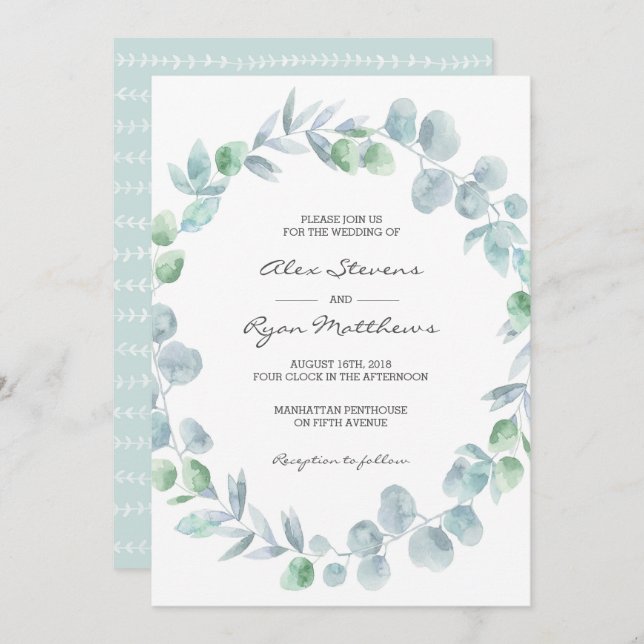 Invitación a la boda | Acuarela de jardín Eucalypt (Anverso / Reverso)