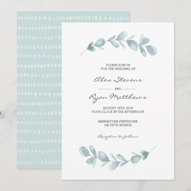 Invitación a la boda | Acuarela de jardín Eucalypt (Anverso / Reverso)