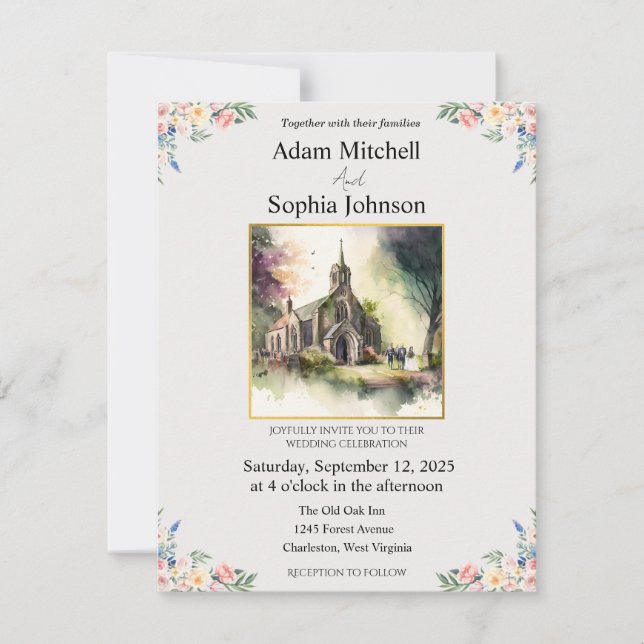 Invitación a la boda acuarela de la iglesia tradic (Anverso)