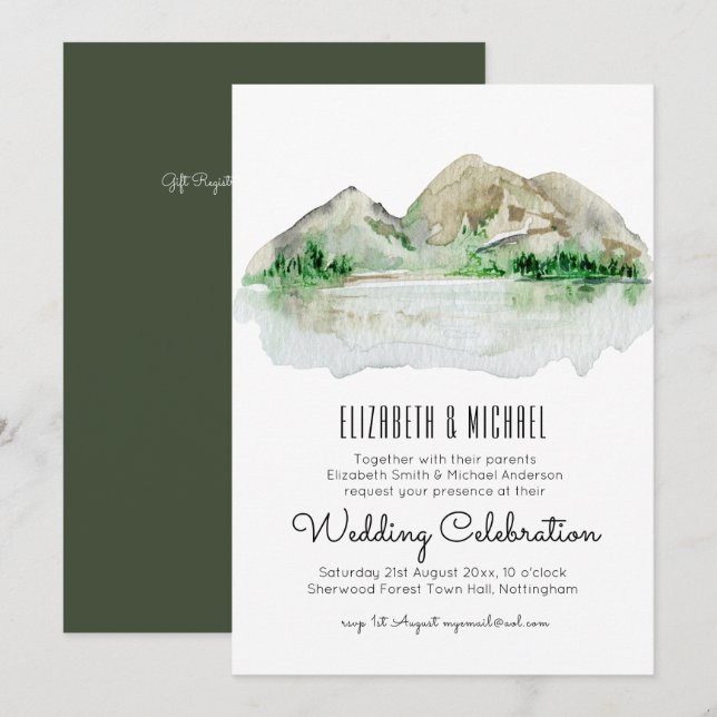 Invitación a la boda acuarela de Mountain Lake (Anverso / Reverso)