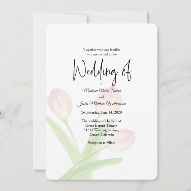 Invitación a la boda acuarela de tulipanes rosados (Anverso)