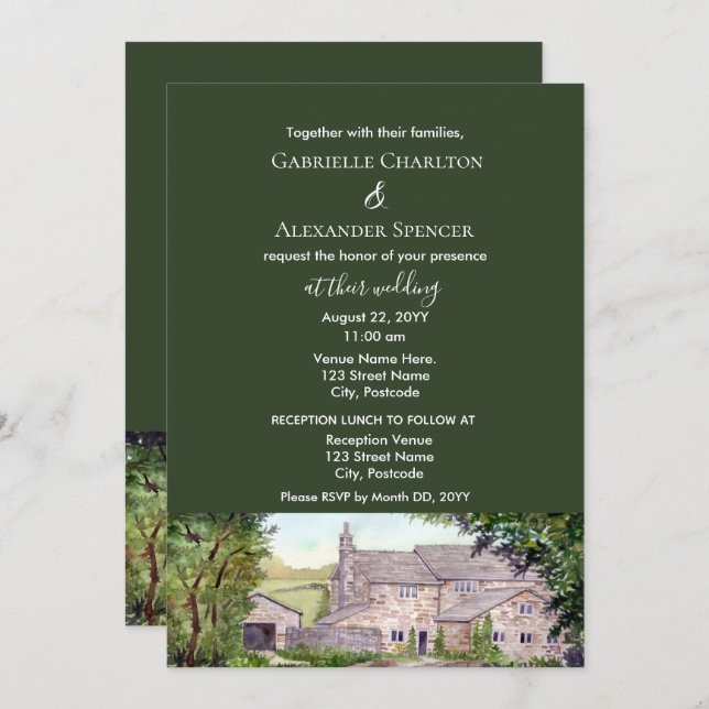 Invitación a la boda acuarela del puente de piedra (Anverso / Reverso)