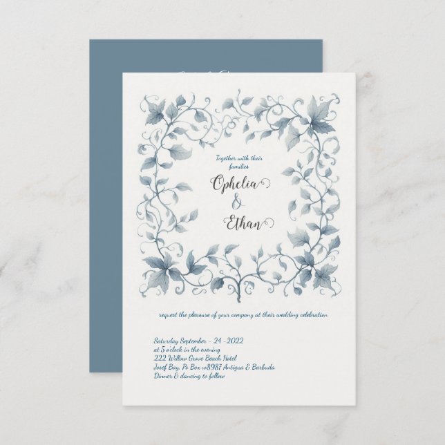 Invitación a la boda acuarela Dusty Blue Floral (Anverso / Reverso)