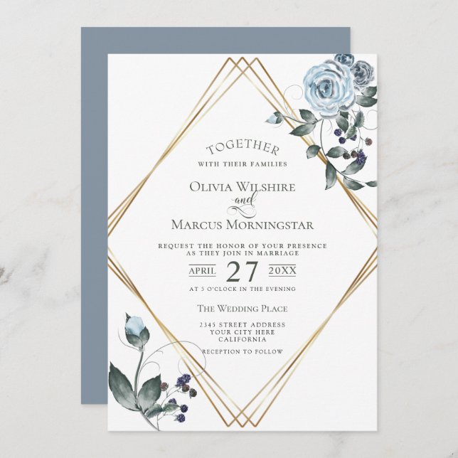 Invitación a la boda | Acuarela Dusty Floral Azul (Anverso / Reverso)