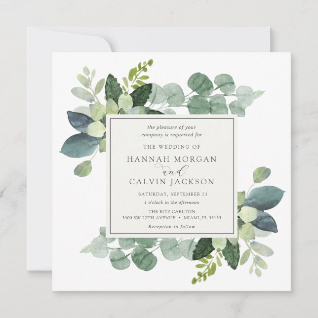 Invitación a la boda acuarela Eucalyptus Greenery (Anverso)