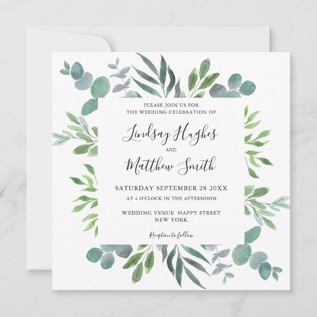 Invitación a la boda acuarela Eucalyptus Greenery (Anverso)