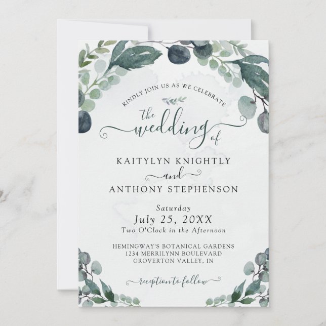Invitación a la boda acuarela Eucalyptus Greenery (Anverso)