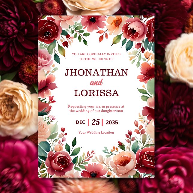 Invitación a la boda acuarela Floral borgoña (Subido por el creador)