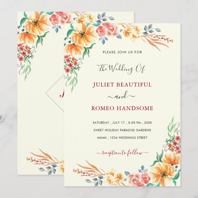 Invitación a la boda acuarela floral moderna (Anverso / Reverso)
