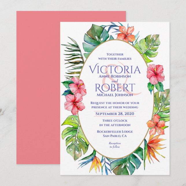 Invitación a la boda | Acuarela floral tropical (Anverso / Reverso)
