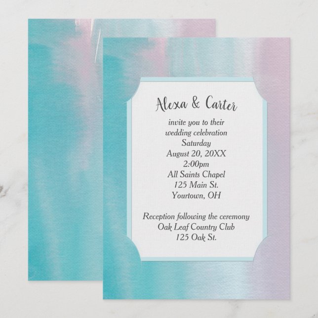 Invitación a la boda acuarela rosa y acuática (Anverso / Reverso)