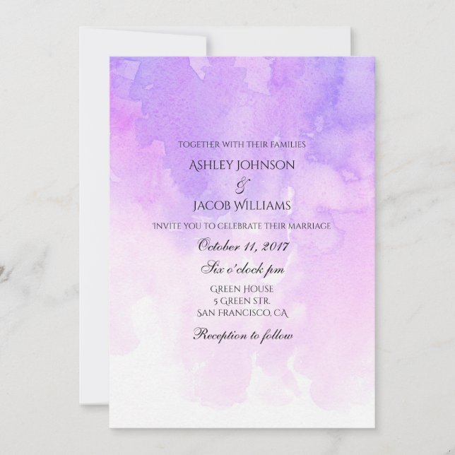 Invitación a la boda acuarela. Rosa y púrpura (Anverso)