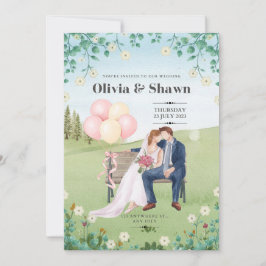 Invitación a la boda acuarela rosa y verde