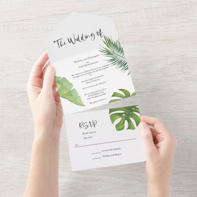 Invitación a la boda acuarela tropical todo en uno (desgarro)