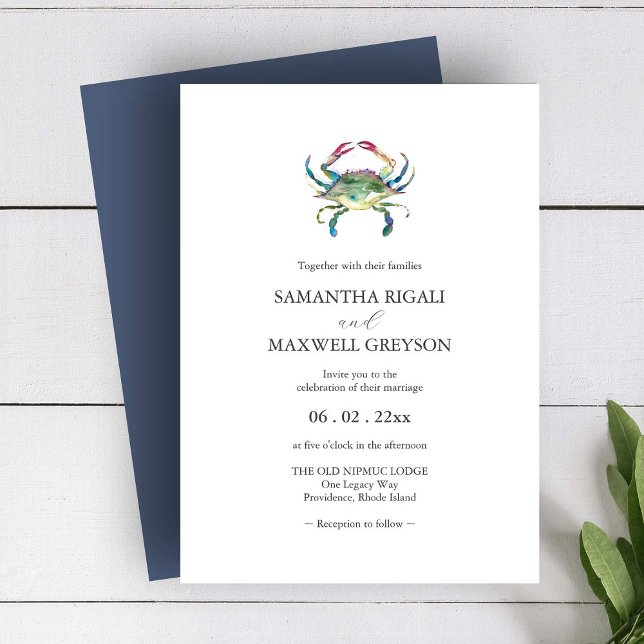 Invitación a la boda acuática de cangrejo (Beach wedding ideas watercolor crab invitation art by Victoria Grigaliunas of Do Tell A Belle)