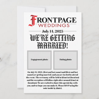 Invitación a la boda al estilo de un periódico