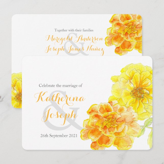 Invitación a la boda amarilla con acuarela de Mari (Anverso / Reverso)