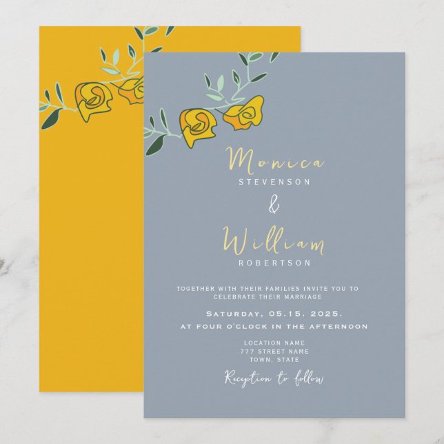 Invitación a la boda amarilla con flores azules (Anverso / Reverso)