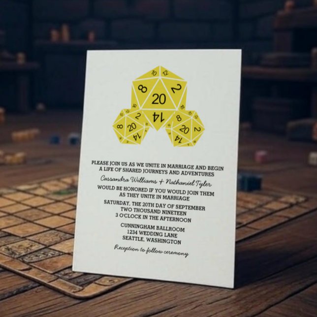 Invitación a la boda amarilla D20 dados (Yellow D20 Dice Wedding Invite)