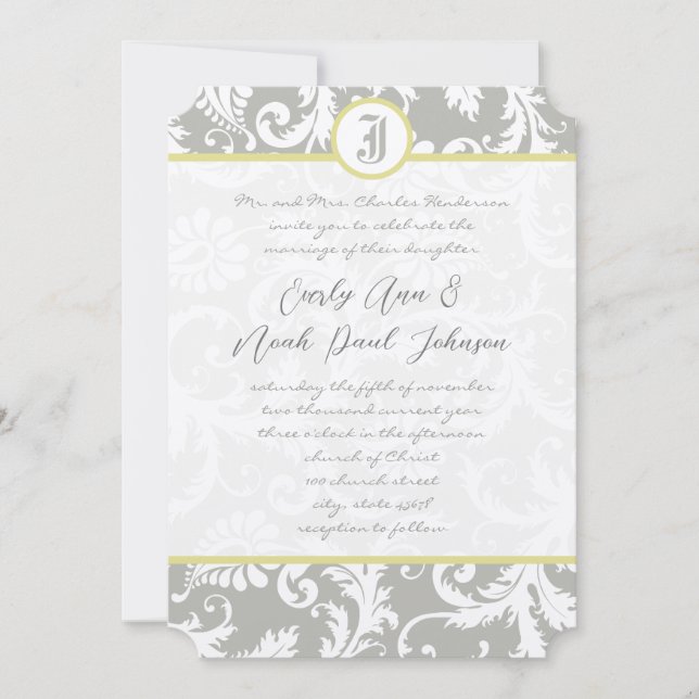 Invitación a la boda amarilla de Damasco gris en l (Anverso)