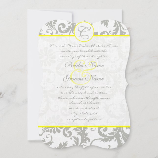 Invitación a la boda amarilla de Damasco gris en l (Anverso)