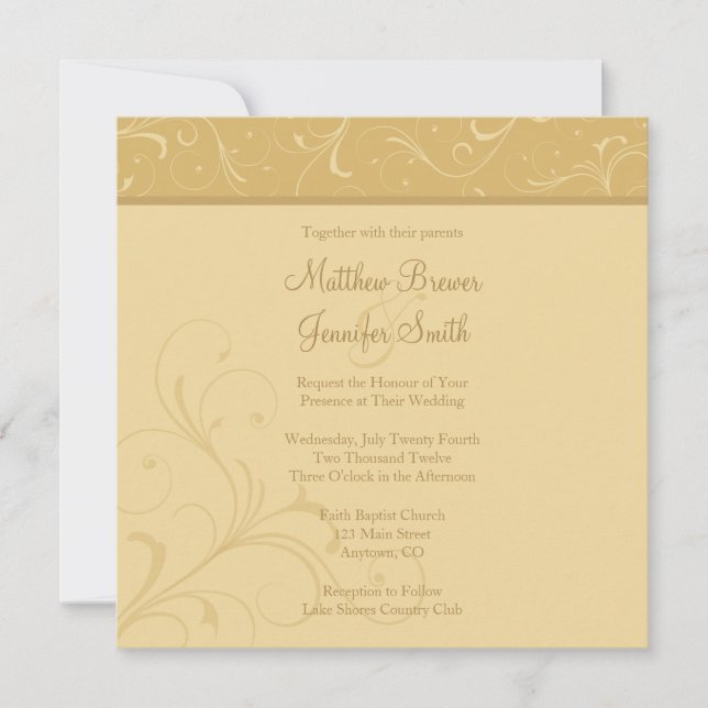 Invitación a la boda amarilla dorada y floreciente (Anverso)