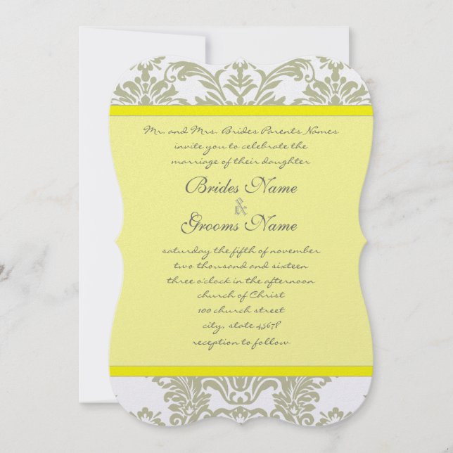 Invitación a la boda amarilla en gris Damask Swirl (Anverso)