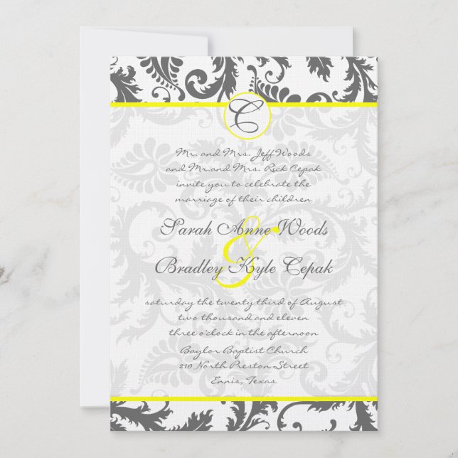 Invitación a la boda amarilla en gris Damask Swirl (Anverso)