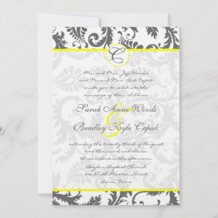 Invitación a la boda amarilla en gris Damask Swirl
