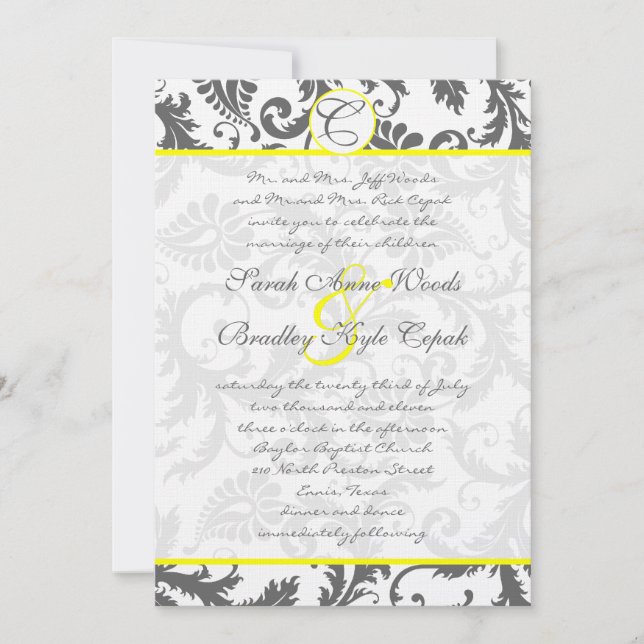 Invitación a la boda amarilla en gris Damask Swirl (Anverso)