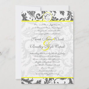 Invitación a la boda amarilla en gris Damask Swirl