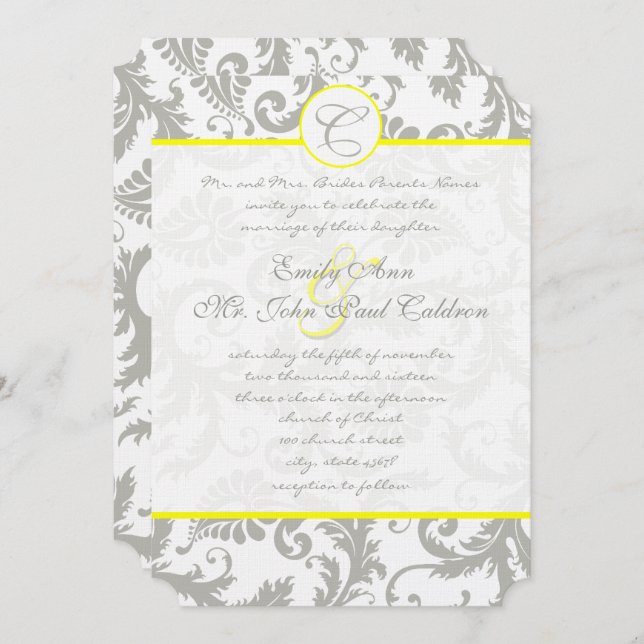 Invitación a la boda amarilla en gris Damask Swirl (Anverso / Reverso)