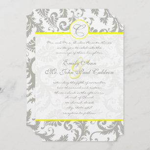 Invitación a la boda amarilla en gris Damask Swirl