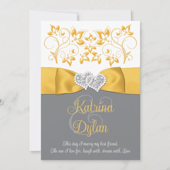 Invitación a la boda amarilla, gris, blanca y de a (Anverso)