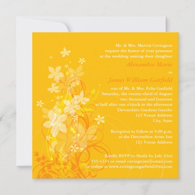 Invitación a la boda amarilla, Naranja, floral bla (Anverso)