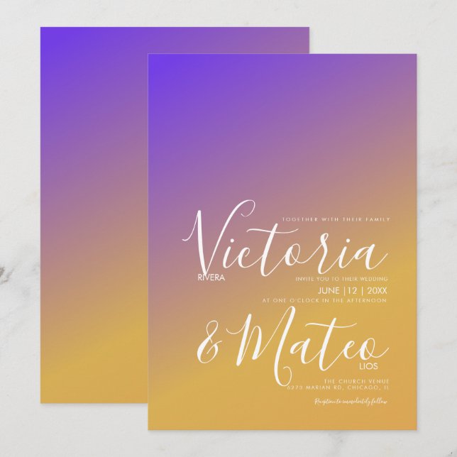 Invitación a la boda amarilla púrpura Ombre (Anverso / Reverso)