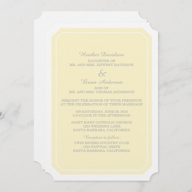 Invitación a la boda amarilla simplemente elegante (Anverso / Reverso)
