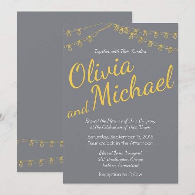Invitación a la boda amarilla y gris con luces (Anverso / Reverso)