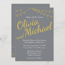 Invitación a la boda amarilla y gris con luces
