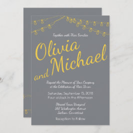 Invitación a la boda amarilla y gris con luces