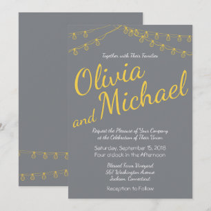 Invitación a la boda amarilla y gris con luces