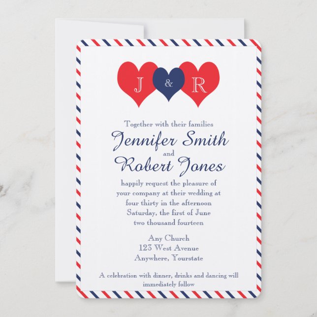 Invitación a la boda Americana Hearts (Anverso)