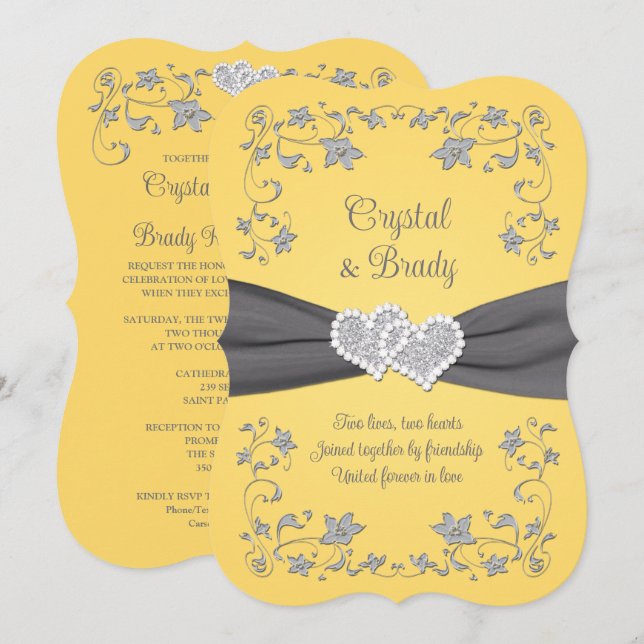 Invitación a la boda Amor Amor Amarillo Gris Coraz (Anverso / Reverso)