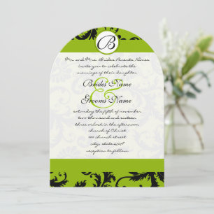 Invitación a la boda Apple Green Black Damask Swir