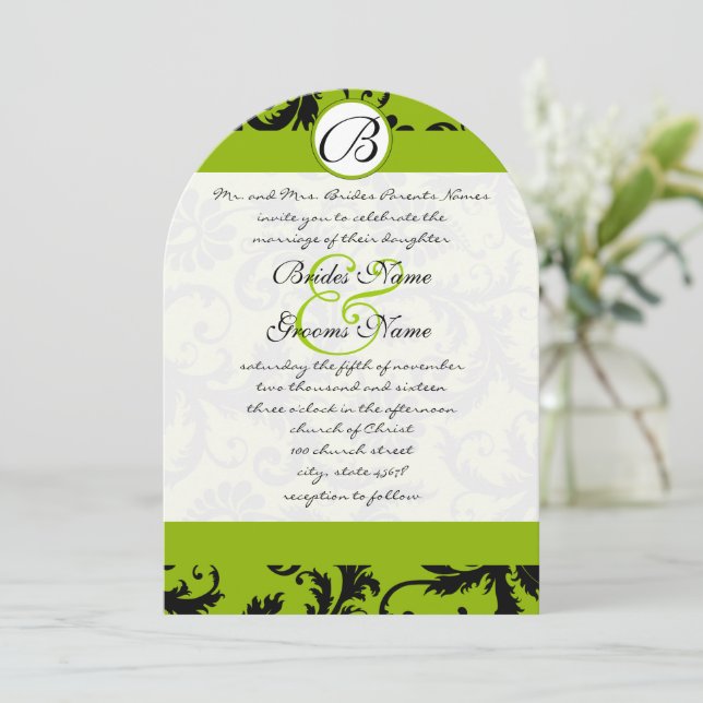 Invitación a la boda Apple Green Black Damask Swir (Anverso de pie)