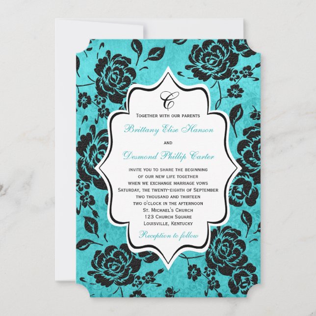 Invitación a la boda Aqua Black Floral Damask (Anverso)