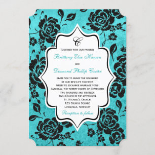Invitación a la boda Aqua Black Floral Damask